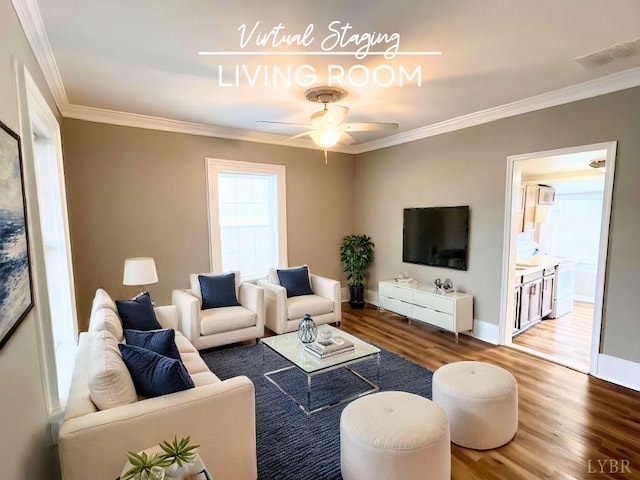 2024 Poplar St, Lynchburg, VA 24504 - living room with crown molding, wood finished floors, and a ceiling fan