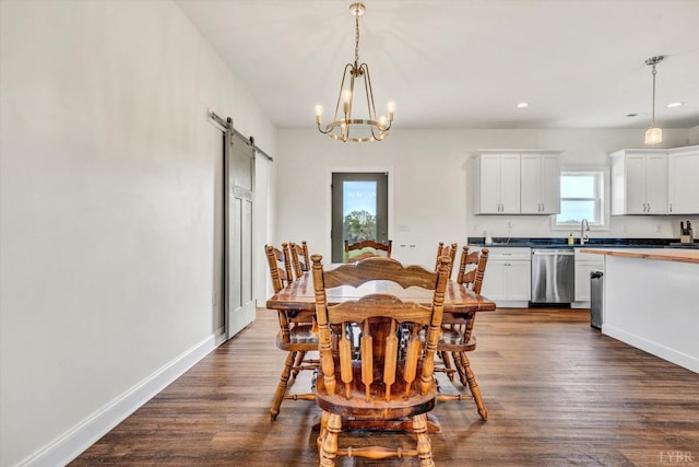 664 Collins Ferry Rd, Gladys, VA 24554 - dining space with a barn door, a chandelier, recessed lighting, dark wood-type flooring, and baseboards