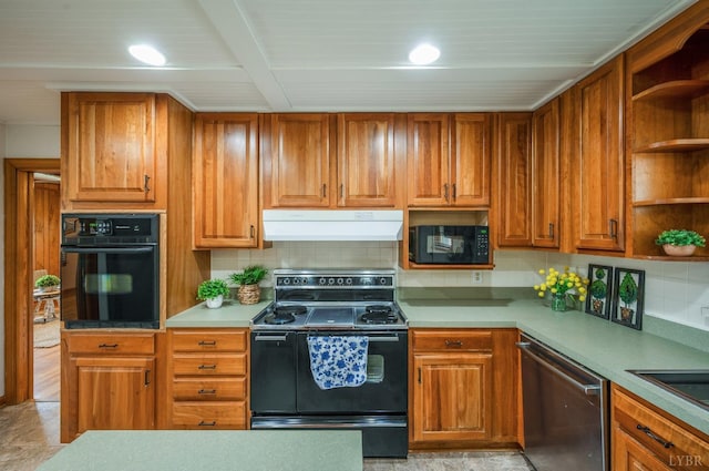 kitchen with black appliances, exhaust hood, open shelves, decorative backsplash, and brown cabinetry