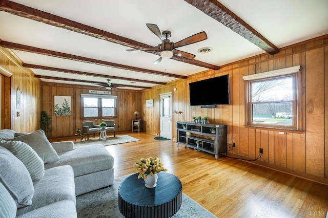 living area featuring ceiling fan, beamed ceiling, wood finished floors, wooden walls, and baseboards