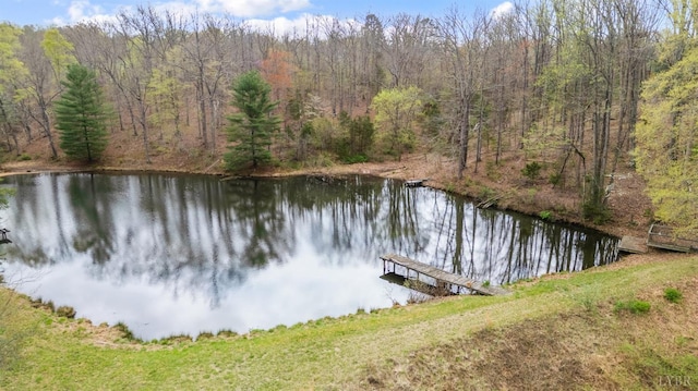 dock area with a water view and a wooded view