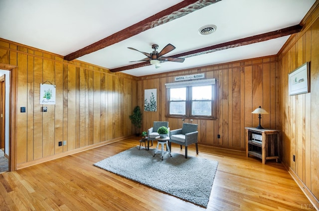 sitting room featuring beam ceiling, light wood finished floors, a ceiling fan, and wooden walls