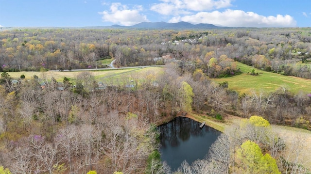 aerial view of property's location featuring a water and mountain view and a forest