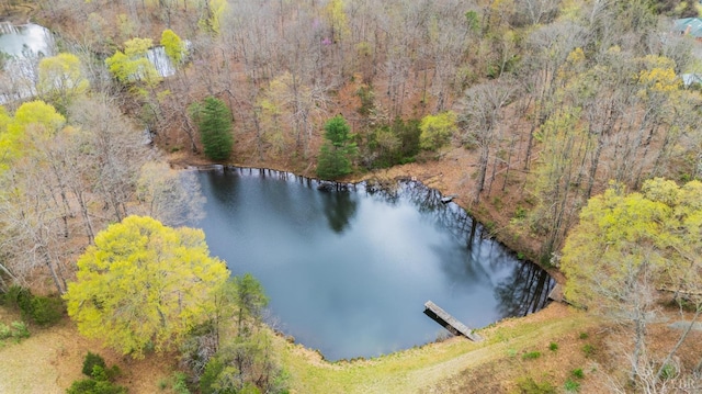 aerial view of a nearby body of water and a heavily wooded area