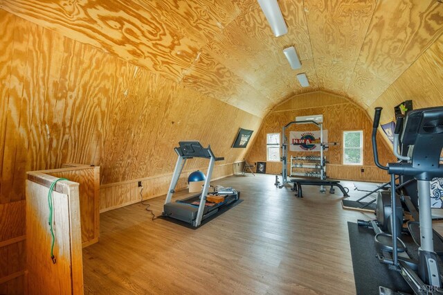 workout area with lofted ceiling, wood finished floors, and wooden walls