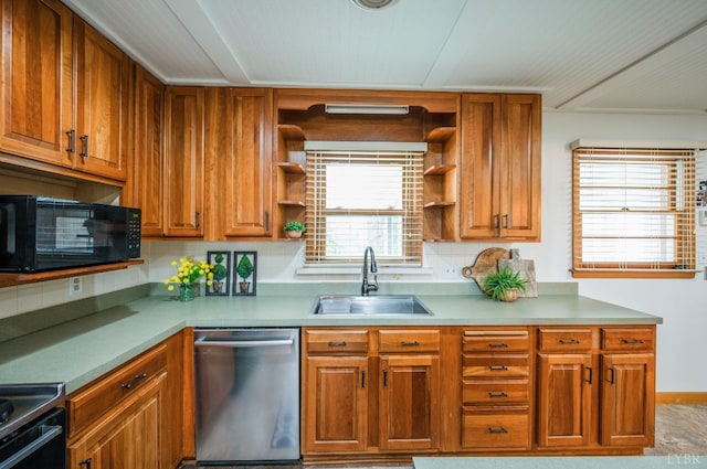 kitchen featuring stainless steel dishwasher, black microwave, a sink, open shelves, and brown cabinets