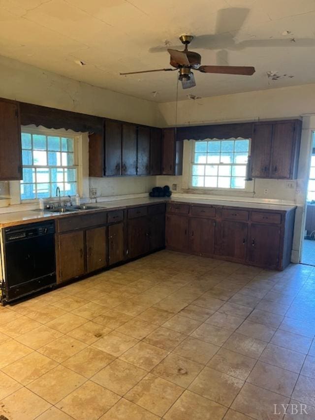 201 Charlotte Ave, Phenix, VA 23959 - kitchen with black dishwasher, light countertops, ceiling fan, a sink, and dark brown cabinetry