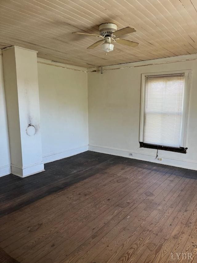 201 Charlotte Ave, Phenix, VA 23959 - unfurnished room featuring wood ceiling, ceiling fan, dark wood-style floors, and baseboards