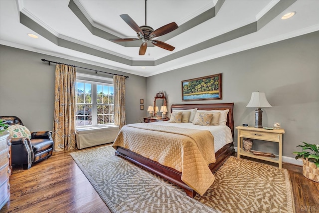 1062 Ivy Creek Dr, Forest, VA 24551 - bedroom with crown molding, wood finished floors, a raised ceiling, recessed lighting, and a ceiling fan