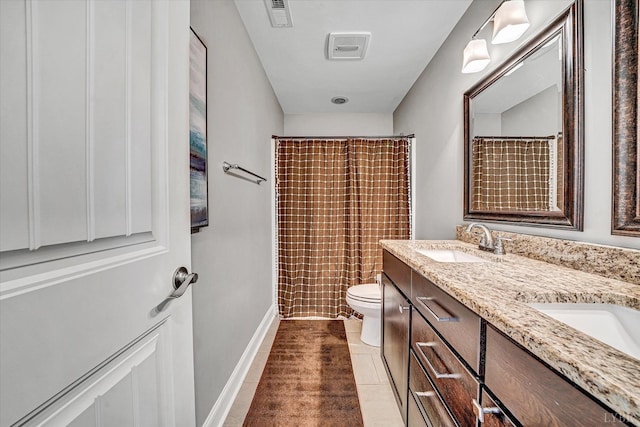 1062 Ivy Creek Dr, Forest, VA 24551 - bathroom featuring double vanity, toilet, tile patterned floors, baseboards, and curtained shower