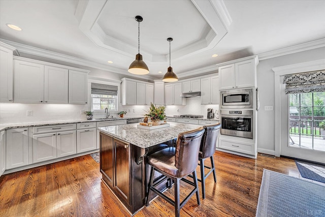 1062 Ivy Creek Dr, Forest, VA 24551 - kitchen featuring appliances with stainless steel finishes, under cabinet range hood, a breakfast bar, a sink, and dark wood finished floors