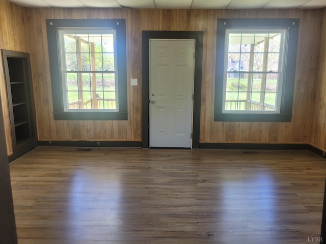 entryway featuring baseboards, wood finished floors, wooden walls, and plenty of natural light
