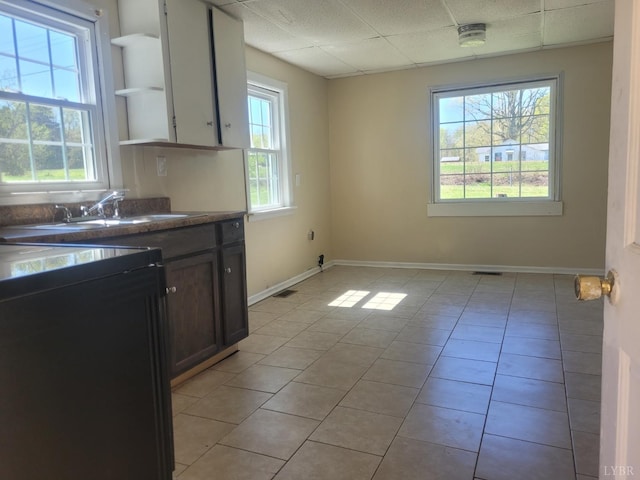 15939 Richmond Hwy, Pamplin, VA 23958 - kitchen featuring plenty of natural light, open shelves, dark countertops, light tile patterned floors, and a drop ceiling
