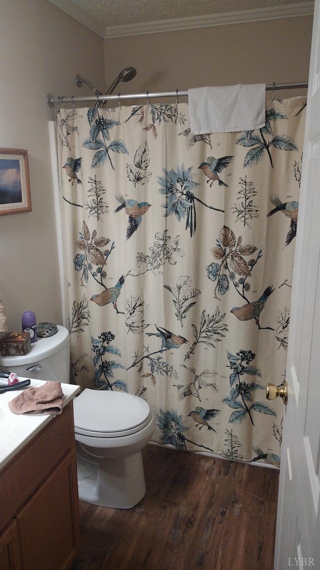 618 Prospect Rd, Hurt, VA 24563 - bathroom featuring toilet, a shower with curtain, wood finished floors, vanity, and crown molding