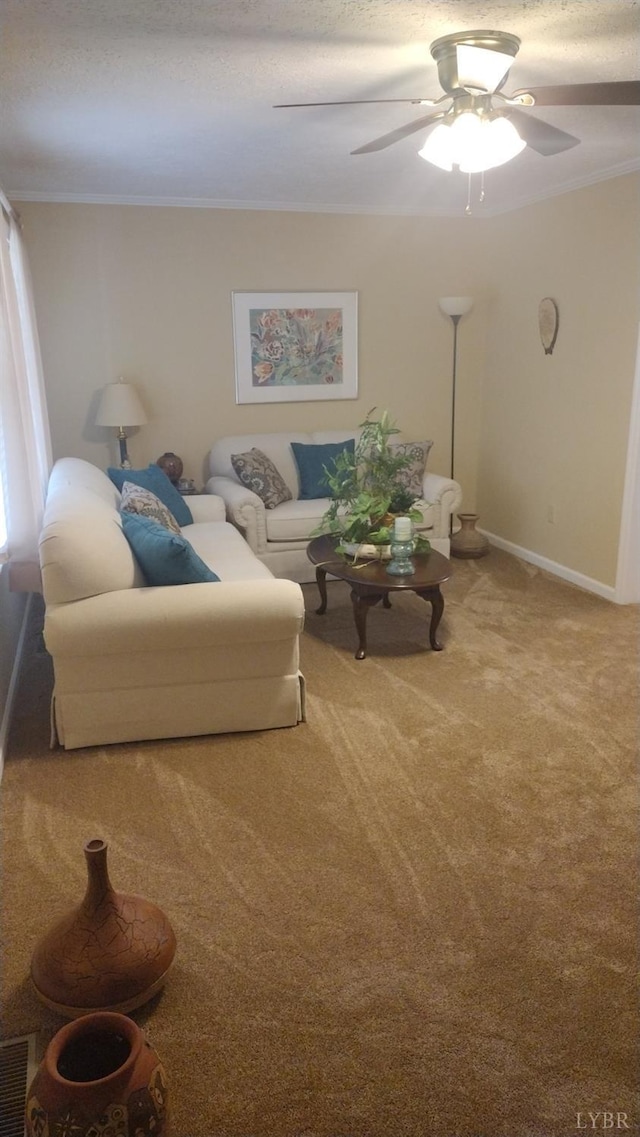 618 Prospect Rd, Hurt, VA 24563 - carpeted living room with a ceiling fan, ornamental molding, and visible vents