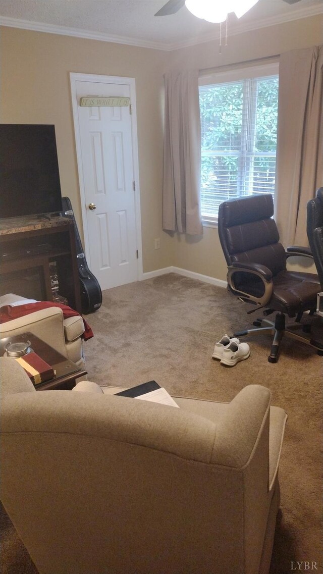 618 Prospect Rd, Hurt, VA 24563 - carpeted office featuring baseboards, ornamental molding, and a ceiling fan
