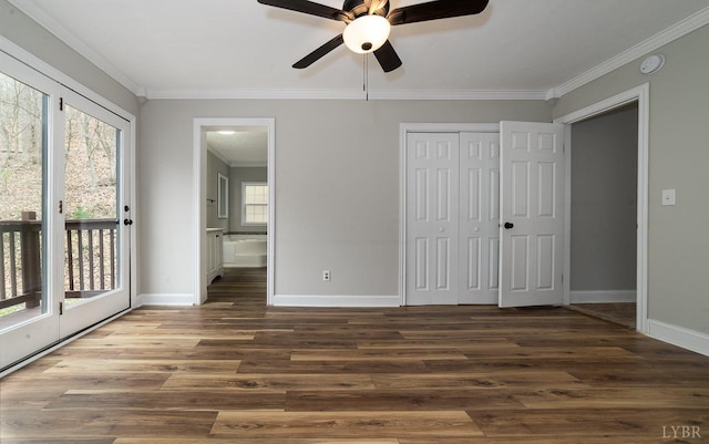 108 Trapper Ln, Vinton, VA 24179 - unfurnished bedroom with crown molding, access to outside, wood finished floors, baseboards, and ensuite bath