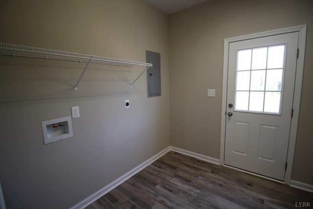 625 S St, Bedford, VA 24523 - washroom with electric panel, hookup for a washing machine, hookup for an electric dryer, dark wood-type flooring, and baseboards