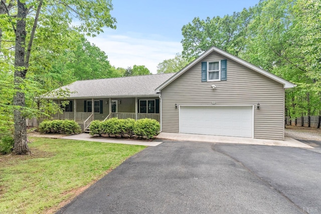 303 Somerset Pl, Rustburg, VA 24588 - ranch-style home featuring a porch, asphalt driveway, a garage, a front yard, and a shingled roof