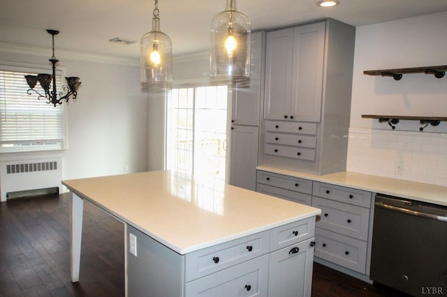 1428 Club Dr, Lynchburg, VA 24503 - kitchen featuring radiator heating unit, stainless steel dishwasher, gray cabinetry, ornamental molding, and plenty of natural light