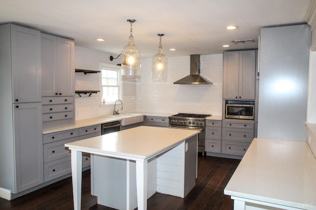 1428 Club Dr, Lynchburg, VA 24503 - kitchen featuring wall chimney range hood, appliances with stainless steel finishes, gray cabinetry, open shelves, and decorative backsplash