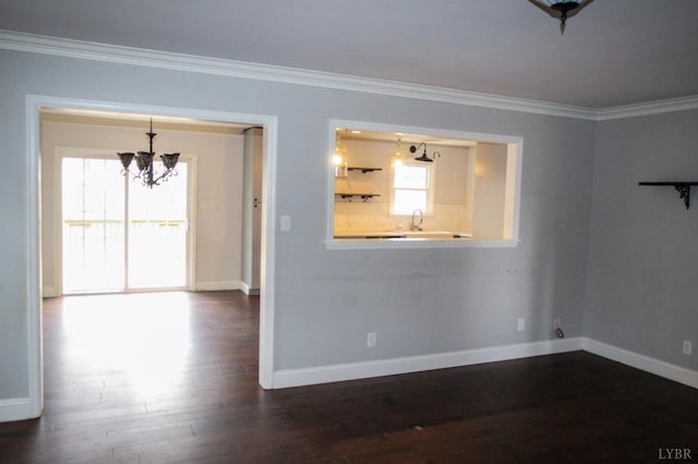 1428 Club Dr, Lynchburg, VA 24503 - unfurnished room with baseboards, ornamental molding, a chandelier, and dark wood-type flooring