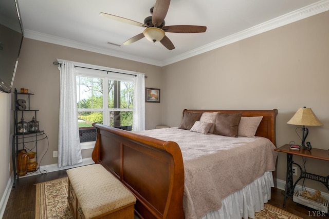 1085 Tori Ct, Forest, VA 24551 - bedroom with baseboards, ornamental molding, dark wood-type flooring, visible vents, and ceiling fan