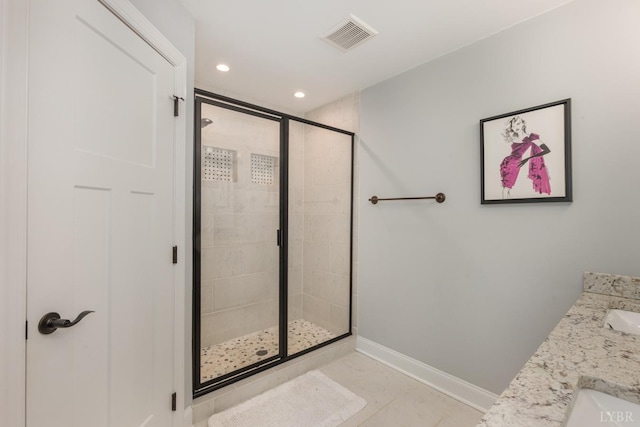 1085 Tori Ct, Forest, VA 24551 - bathroom with vanity, baseboards, recessed lighting, a shower stall, and visible vents