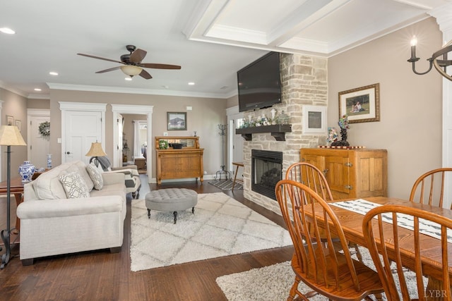 1085 Tori Ct, Forest, VA 24551 - living room featuring recessed lighting, a fireplace, wood finished floors, and ceiling fan