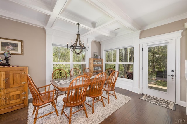 1085 Tori Ct, Forest, VA 24551 - dining space with coffered ceiling, beam ceiling, a notable chandelier, and dark wood-style floors
