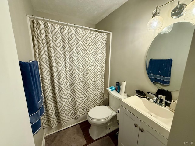 126 Berkley Pl, Madison Heights, VA 24572 - bathroom featuring toilet, vanity, a textured ceiling, and a shower with curtain