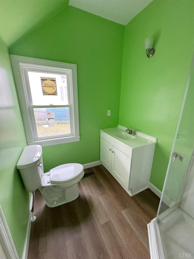 1225 Early St, Lynchburg, VA 24502 - bathroom with wood finished floors, toilet, baseboards, vanity, and lofted ceiling