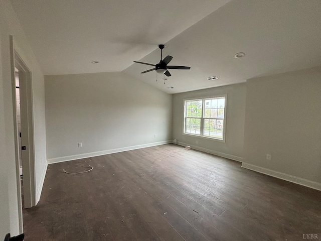 1026 Misty Mountain Rd, Lynchburg, VA 24502 - unfurnished room featuring a ceiling fan, lofted ceiling, baseboards, and dark wood finished floors