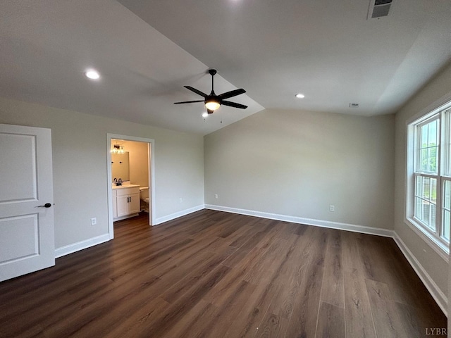 536 Leesville Rd Unit 301, Lynchburg, VA 24502 - unfurnished bedroom with dark wood finished floors, vaulted ceiling, recessed lighting, ensuite bath, and ceiling fan