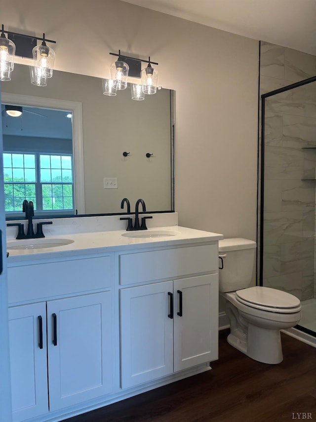 full bathroom featuring toilet, wood finished floors, a sink, and double vanity