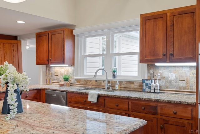 281 Calohan Rd, Rustburg, VA 24588 - kitchen with a sink, stainless steel dishwasher, tasteful backsplash, and light stone counters