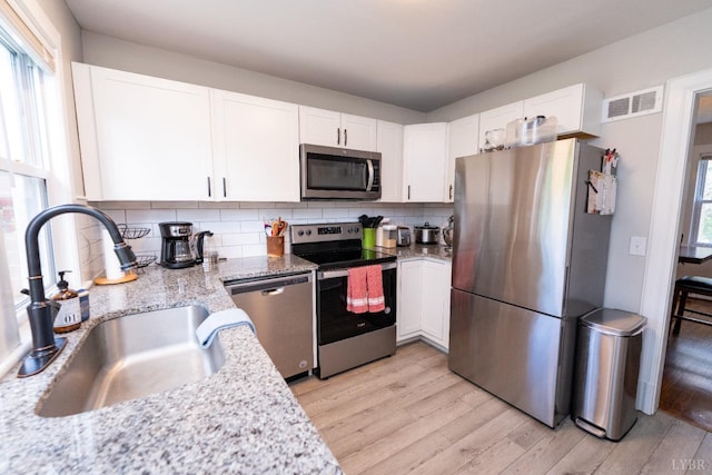 299 Alum Springs Rd, Lynchburg, VA 24502 - kitchen featuring stainless steel appliances, a sink, light wood-style floors, white cabinetry, and backsplash