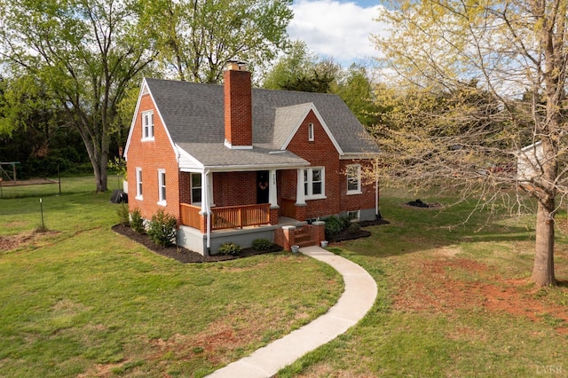 299 Alum Springs Rd, Lynchburg, VA 24502 - view of front of house with covered porch, a chimney, a front lawn, and brick siding