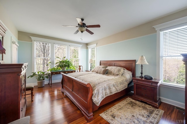 1310 Whispering Springs Ct, Forest, VA 24551 - bedroom featuring a ceiling fan, baseboards, visible vents, and dark wood finished floors