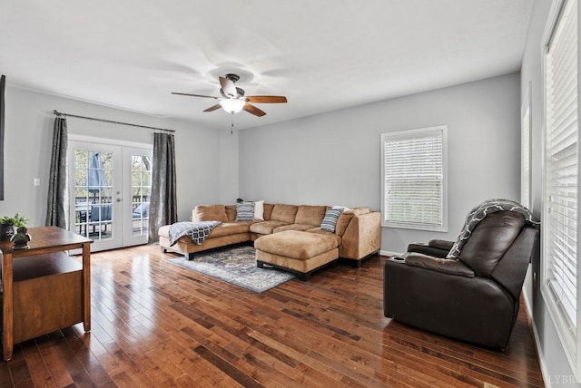 5712 Cottontown Rd, Forest, VA 24551 - living room with a ceiling fan, french doors, and dark wood finished floors