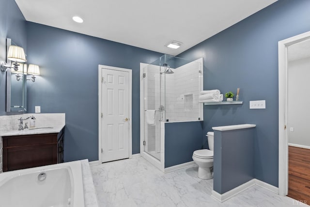 5712 Cottontown Rd, Forest, VA 24551 - full bathroom featuring toilet, a stall shower, baseboards, marble finish flooring, and vanity