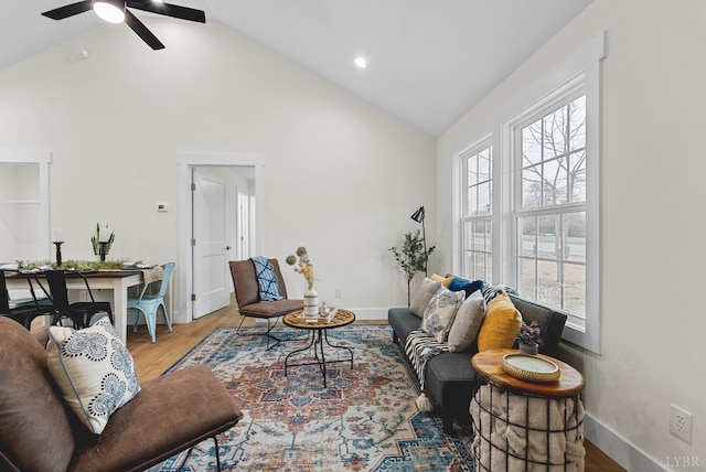 893 Cedar Gate Rd, Monroe, VA 24574 - living room with high vaulted ceiling, wood finished floors, baseboards, ceiling fan, and recessed lighting