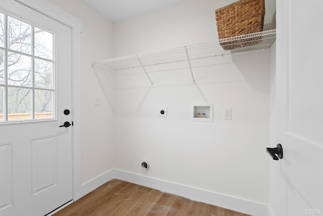 893 Cedar Gate Rd, Monroe, VA 24574 - laundry room with hookup for an electric dryer, wood finished floors, hookup for a washing machine, and plenty of natural light