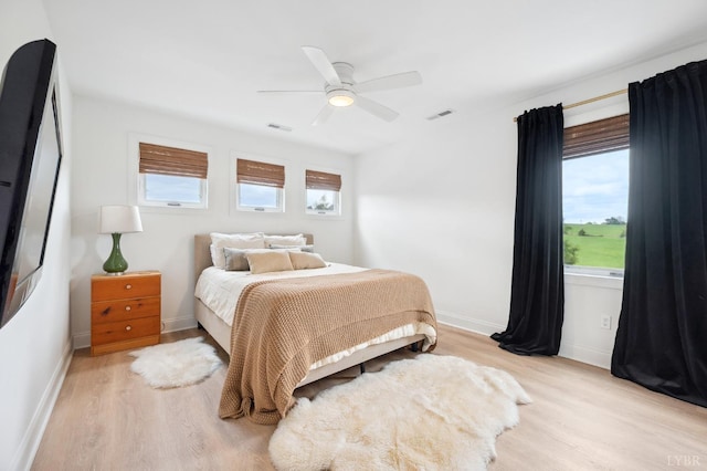bedroom featuring light wood-style flooring, baseboards, and visible vents