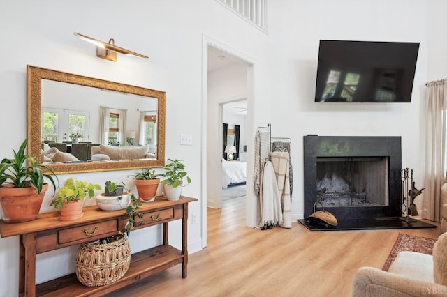 living room with baseboards, wood finished floors, and a fireplace with raised hearth