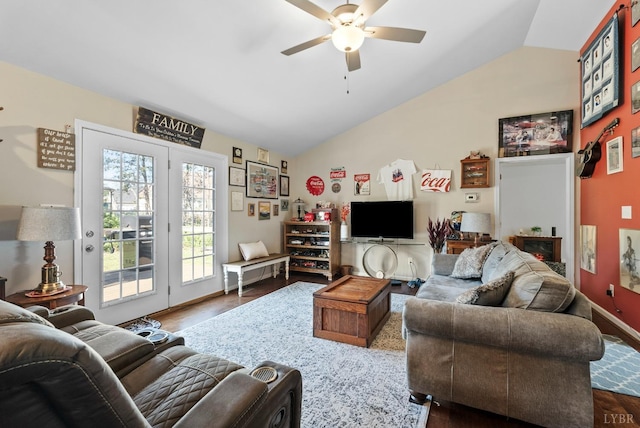 255 Traverse Dr, Evington, VA 24550 - living room featuring lofted ceiling, a ceiling fan, and dark wood-style flooring