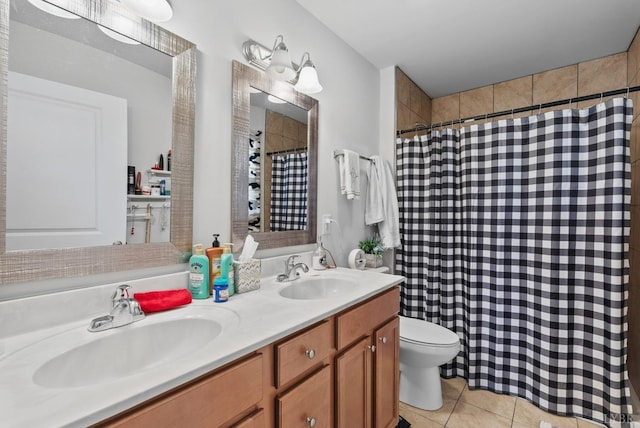 255 Traverse Dr, Evington, VA 24550 - full bathroom with tile patterned floors, toilet, double vanity, and curtained shower