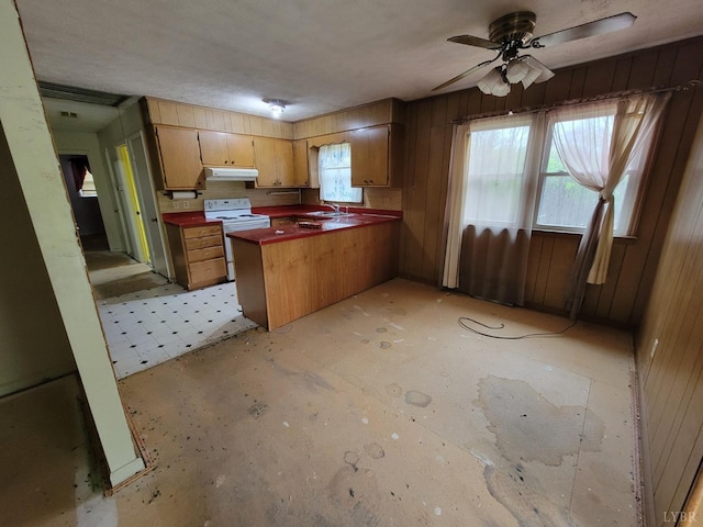 1418 Mitchell Rd, Chatham, VA 24531 - kitchen with a sink, a peninsula, under cabinet range hood, white electric stove, and visible vents