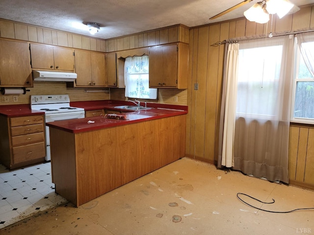 1418 Mitchell Rd, Chatham, VA 24531 - kitchen featuring dark countertops, wooden walls, a peninsula, under cabinet range hood, and white electric stove