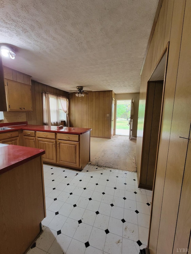 1418 Mitchell Rd, Chatham, VA 24531 - kitchen with light flooring, a textured ceiling, wood walls, dark countertops, and a ceiling fan